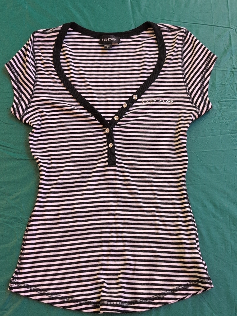 bebe Black and White Striped V-Neck Button Detail Tee
